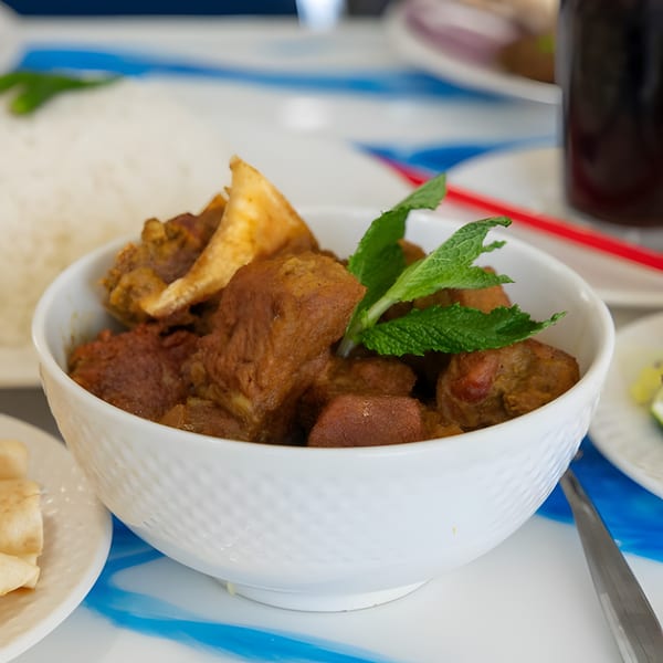 A white bowl filled with brown stewed meat, garnished with fresh mint leaves and crispy chips.